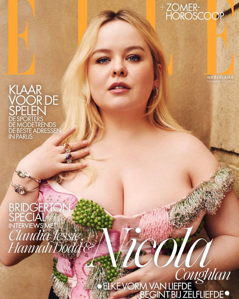 Bridgerton star Nicola Coughlan wearing Bhumi's beaded corset from the 'Breaking the Mold' graduation collection on the front cover of Elle Netherlands. The bold, intricate design showcases Bhumi's innovative approach to sustainable, couture fashion.