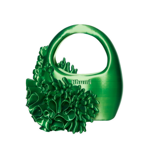 Front view of the Siren Bag in Satin Multitone Blue/Green, a coral-inspired 3D-printed accessory from Bhumi's debut collection, "Bathe in the Waters."