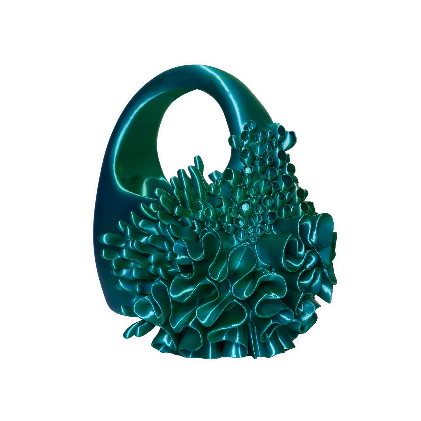 Right side of the Siren Bag in Satin Multitone Blue/Green, featuring oceanic-inspired textures and a shimmering multitone satin finish, from Bhumi's "Bathe in the Waters" collection.